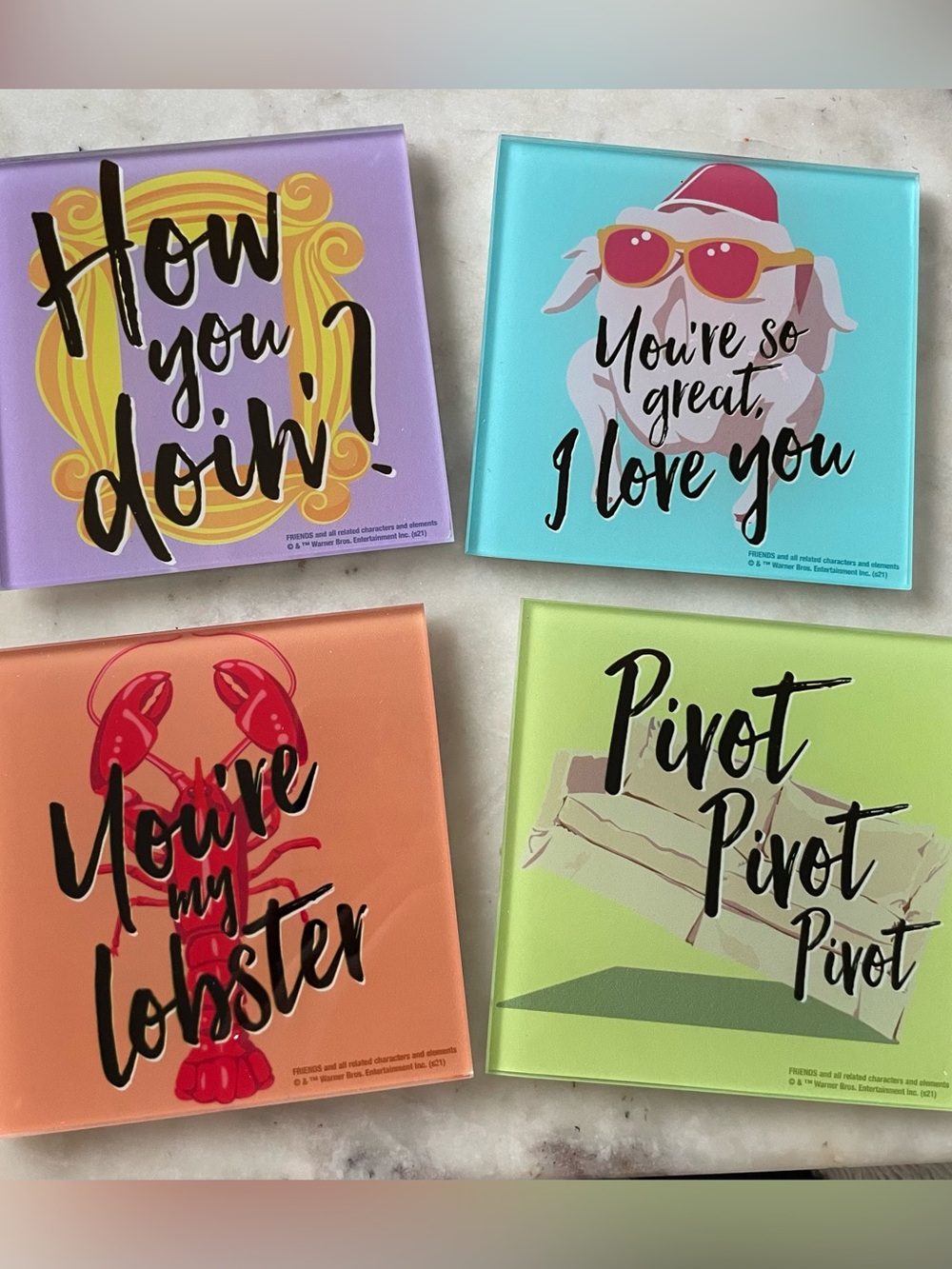 New - Boxed Set of 4 Glass Friends Sitcom Themed Drink Coasters